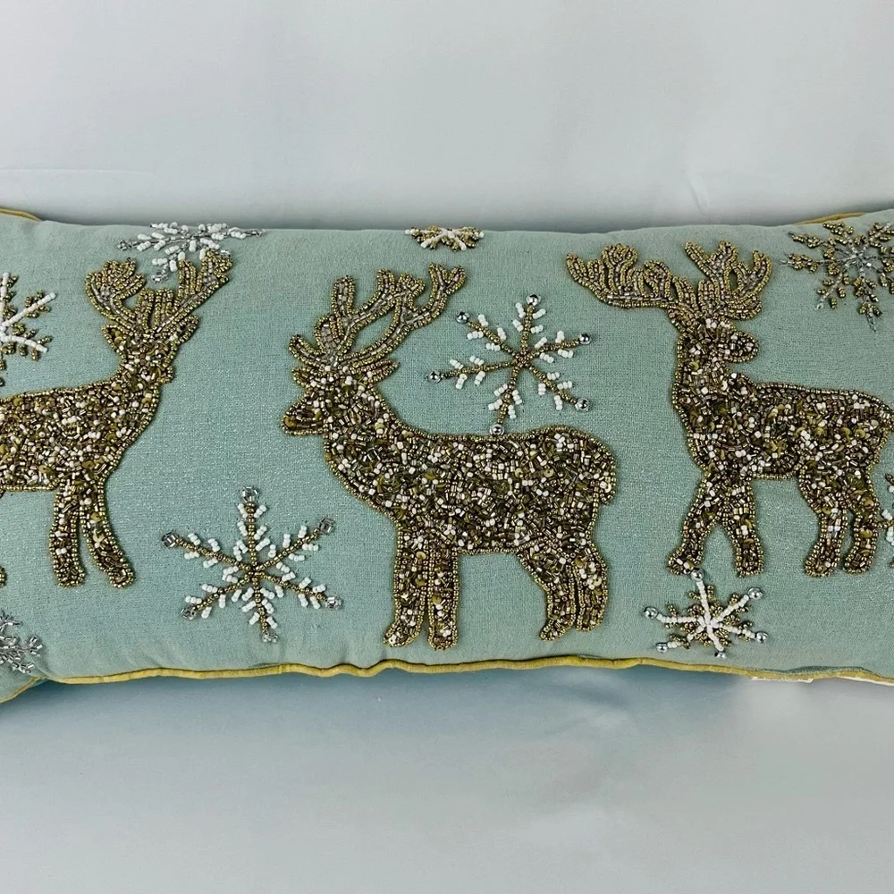 Liberty Beaded Reindeer Snowflake Lumbar Accent Throw Pillow Teal Gold Bronze